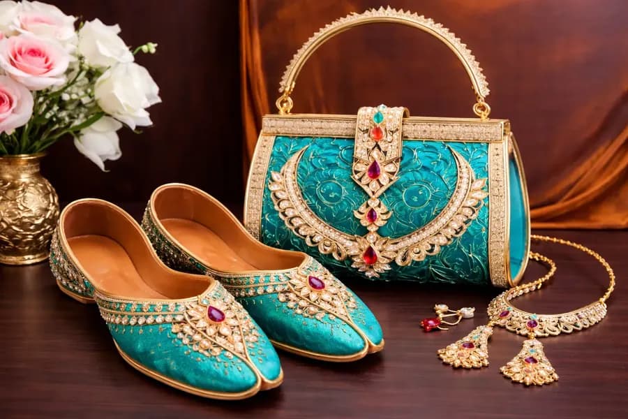 Set artesanal — khussa, bolso y joyería bordados